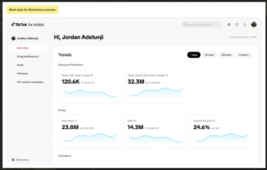 Dashboard interface for TikTok for Artists showing song performance, post views, likes, and view rates trends for user Jordan Adetunji over selectable time periods.